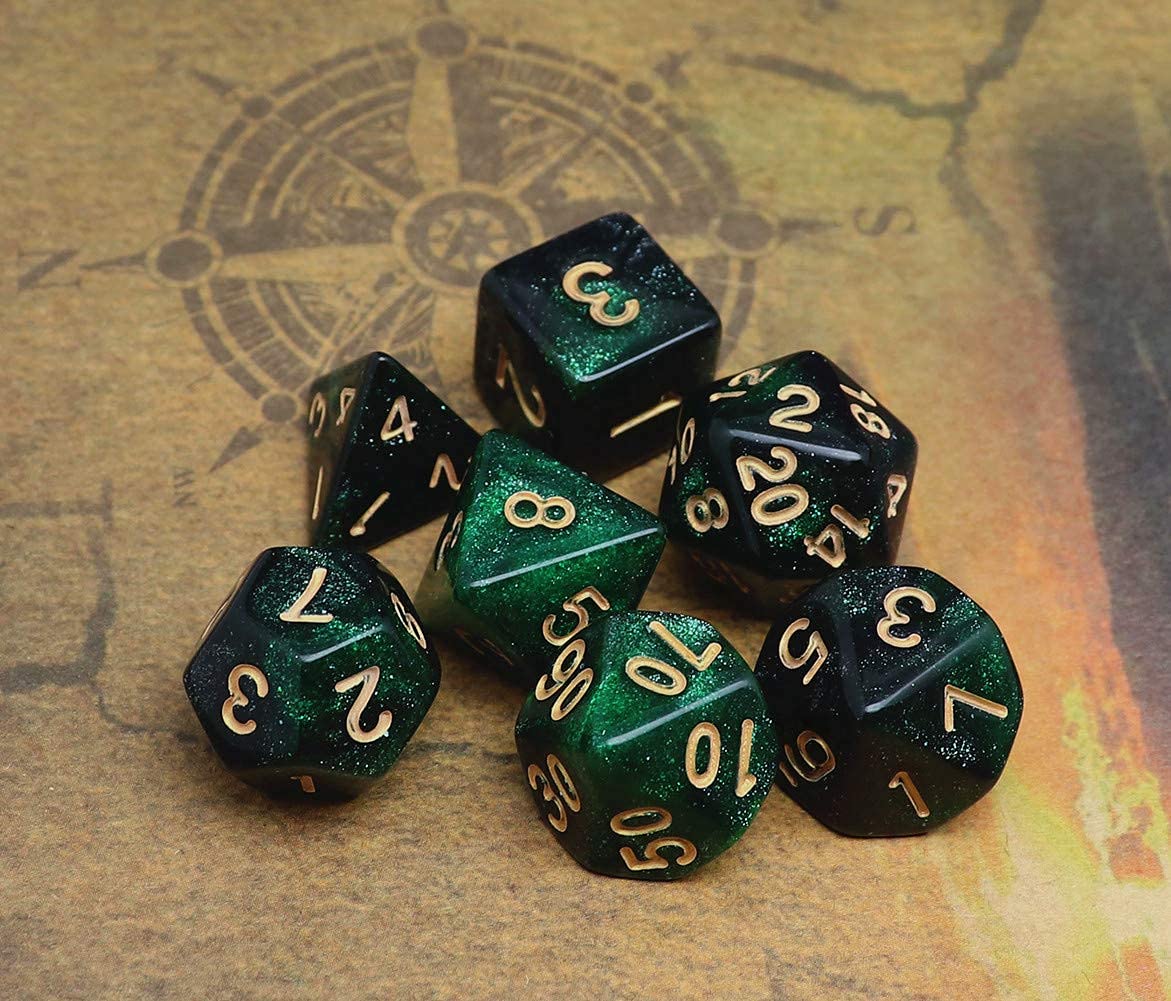 CREEBUY Polyhedral DND Dice Set Glitter Green & Black Nebula – 7Pcs for D&D & RPG