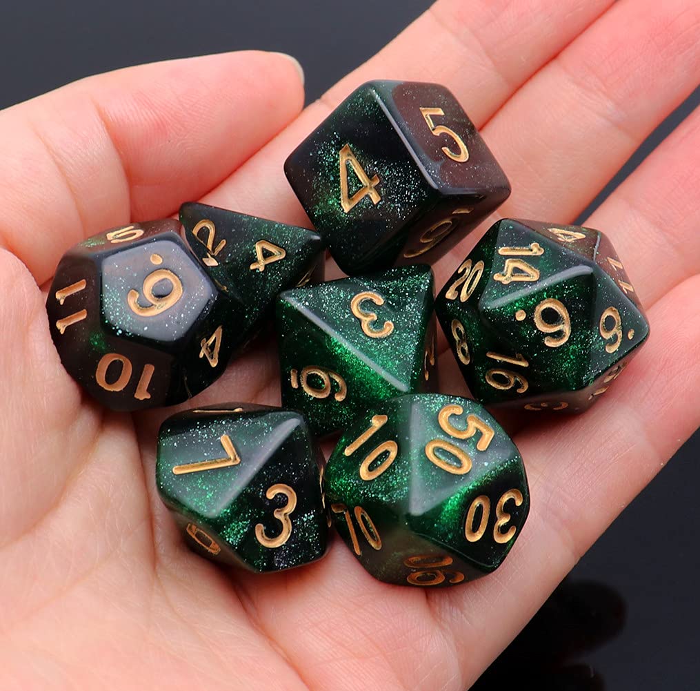 CREEBUY Polyhedral DND Dice Set Glitter Green & Black Nebula – 7Pcs for D&D & RPG