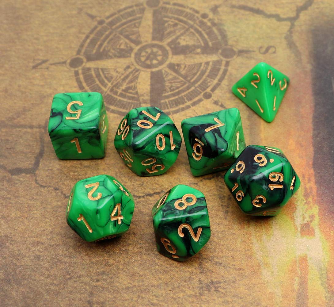 CREEBUY Green Mix Black Dice Set – 7‑Die DND Polyhedral Dice for D&D RPG