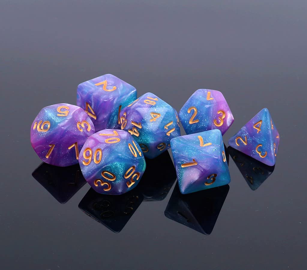 CREEBUY Lake Blue Purple Glitter DND Dice Set - 7-Piece Acrylic Polyhedral Dice