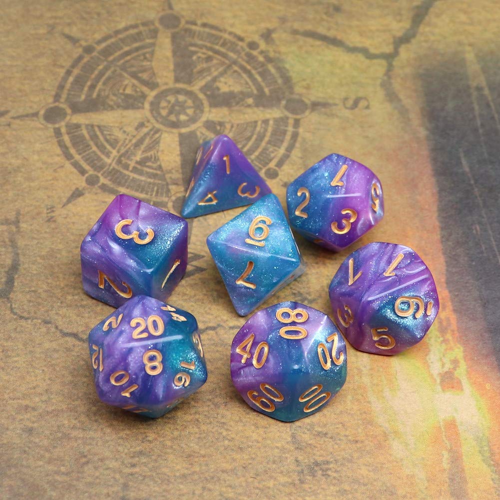 CREEBUY Lake Blue Purple Glitter DND Dice Set - 7-Piece Acrylic Polyhedral Dice