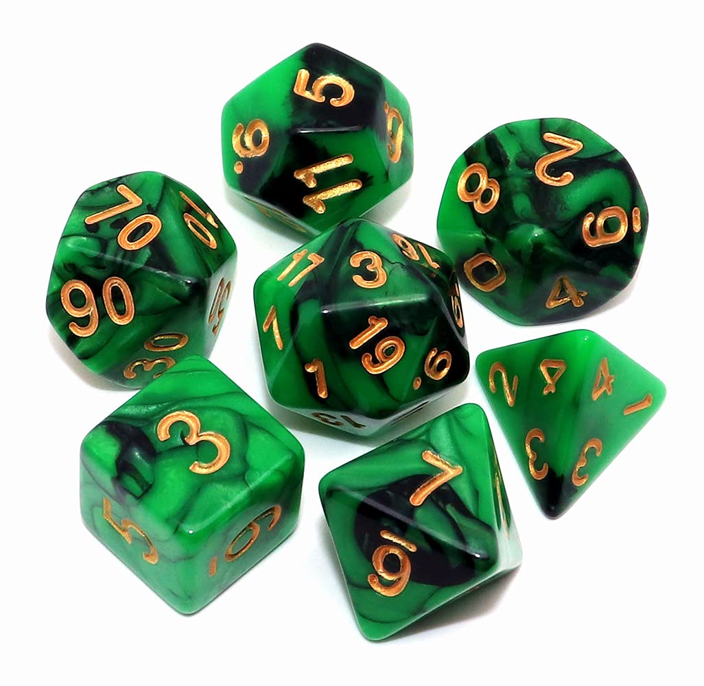CREEBUY Green Mix Black Dice Set – 7‑Die DND Polyhedral Dice for D&D RPG