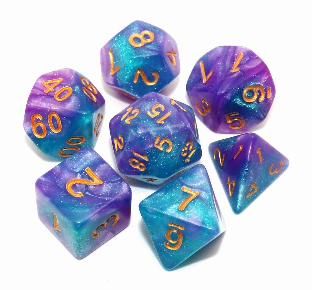 CREEBUY Lake Blue Purple Glitter DND Dice Set - 7-Piece Acrylic Polyhedral Dice