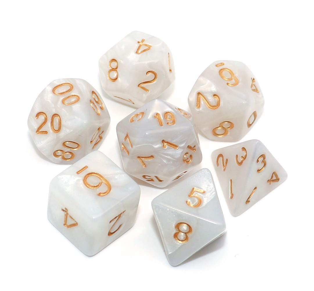 CREEBUY Pearl White DND Dice Set – 7-Piece Polyhedral Dice with Gold Numbers for D&D, Pathfinder, MTG