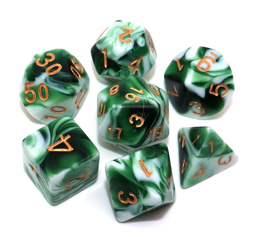 CREEBUY Polyhedral DND Dice Set – Green White 7-Piece RPG Dice for D&D, Pathfinder, MTG
