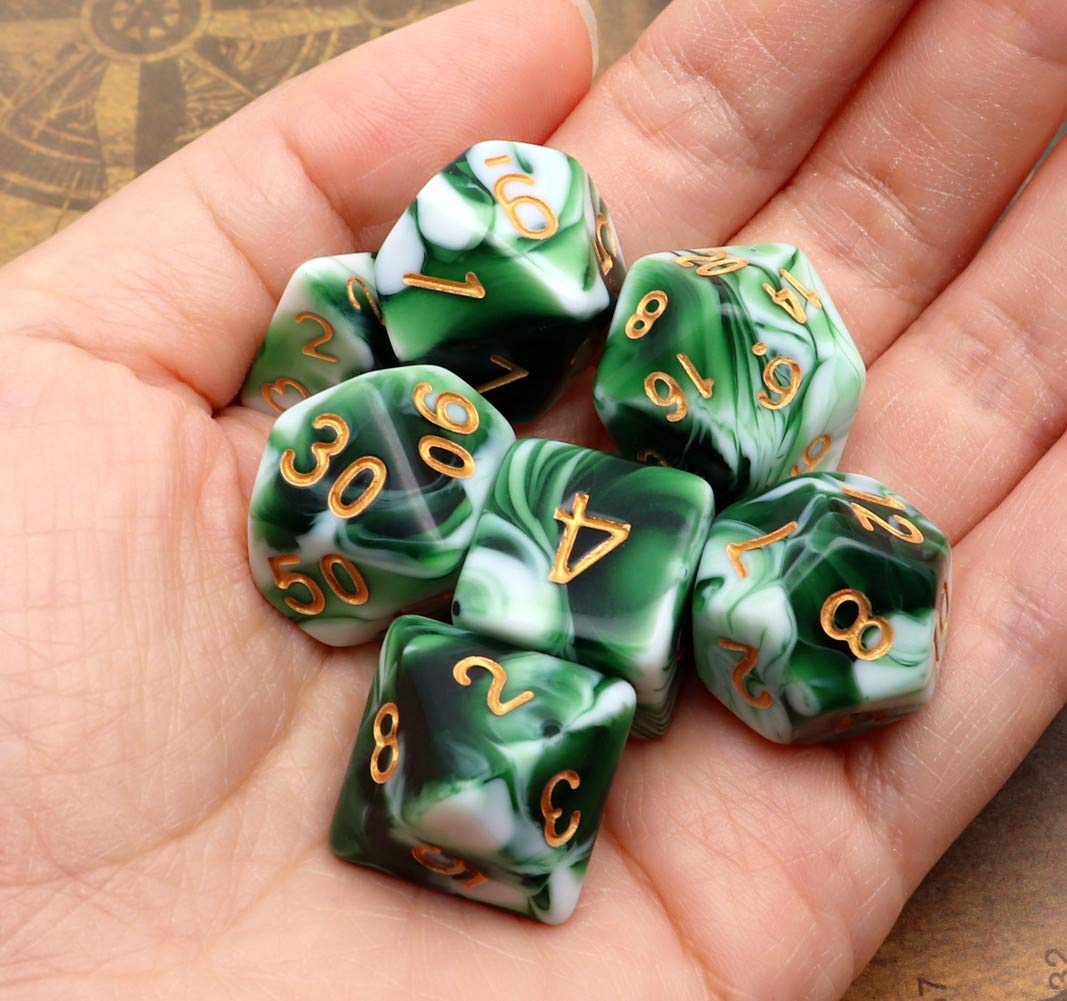 CREEBUY Polyhedral DND Dice Set – Green White 7-Piece RPG Dice for D&D, Pathfinder, MTG