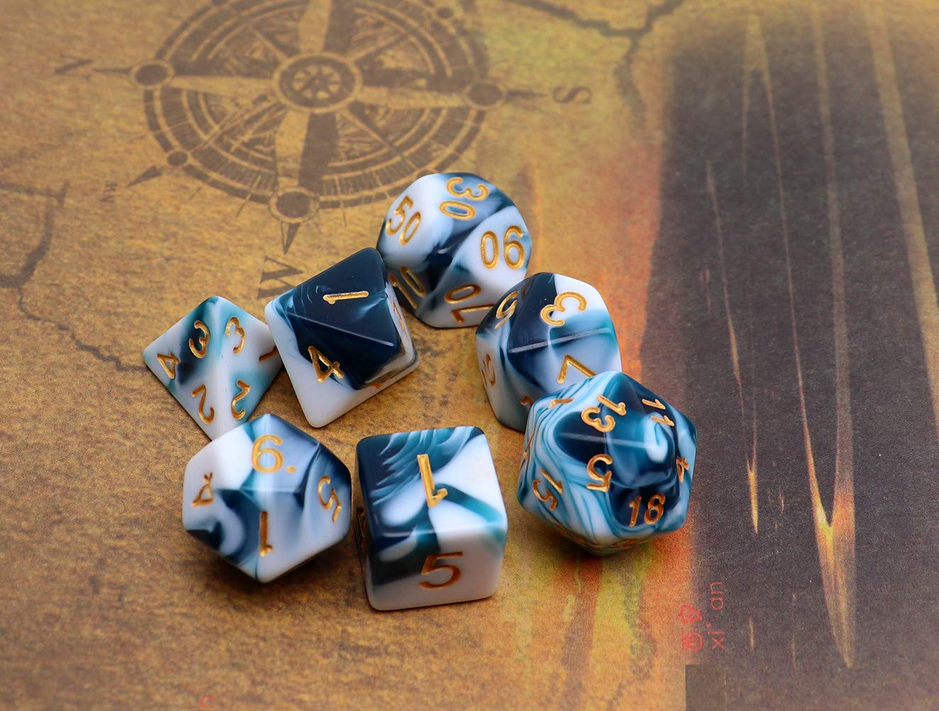 CREEBUY Teal & White 7-Piece D&D Dice Set – Polyhedral RPG Dice