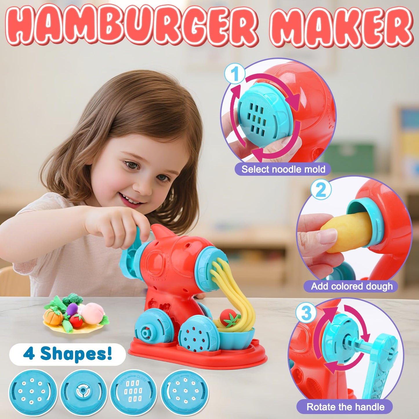 Crelloci 4 in 1 Color Dough Set – Noodle, Cake, Hamburger & Ice Cream Makers for Kids 3+