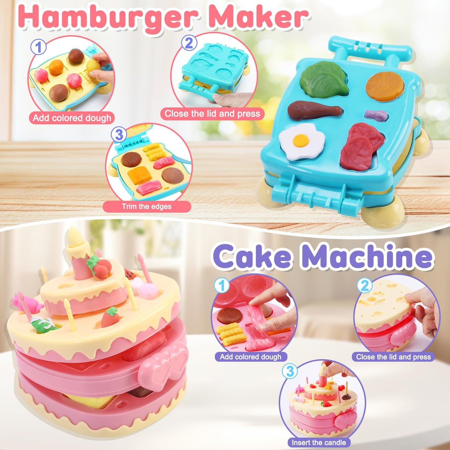 Crelloci 4 in 1 Color Dough Set – Noodle, Cake, Hamburger & Ice Cream Makers for Kids 3+