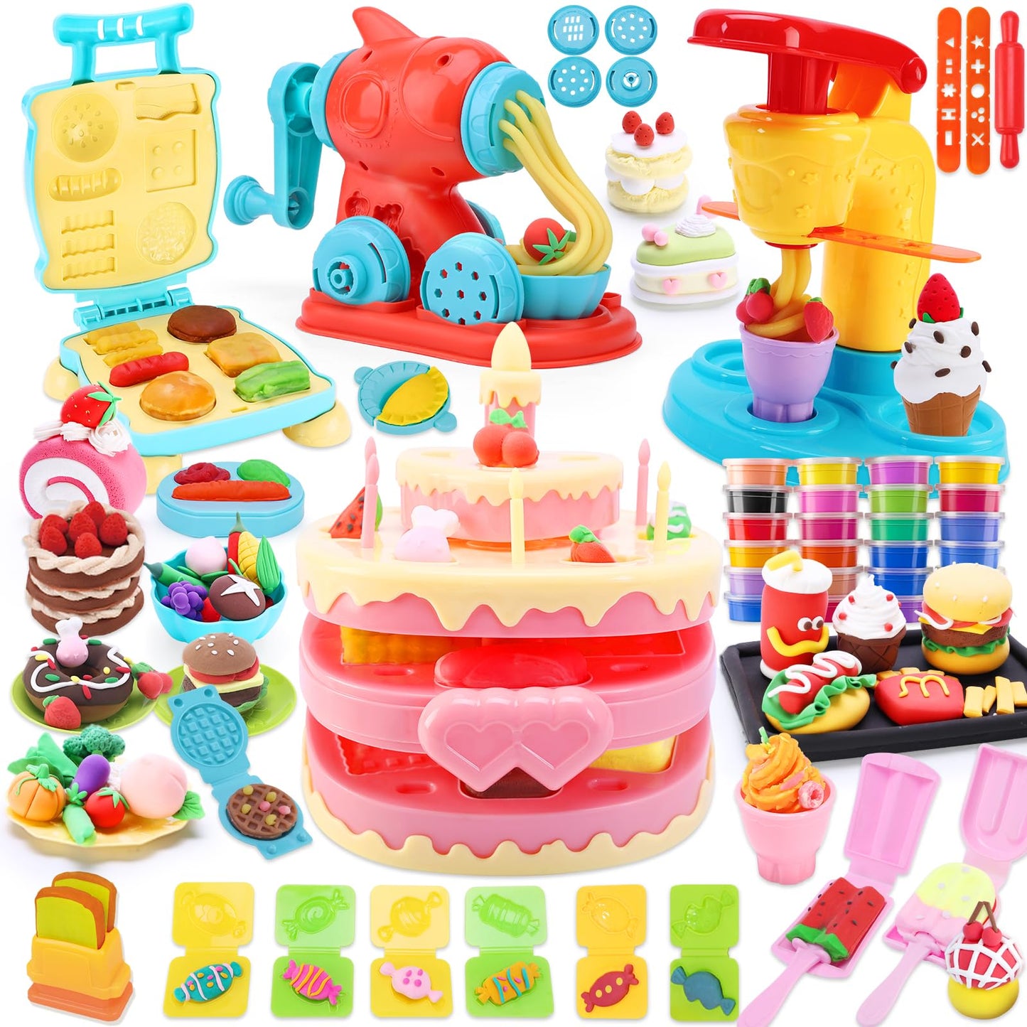 Crelloci 4 in 1 Color Dough Set – Noodle, Cake, Hamburger & Ice Cream Makers for Kids 3+