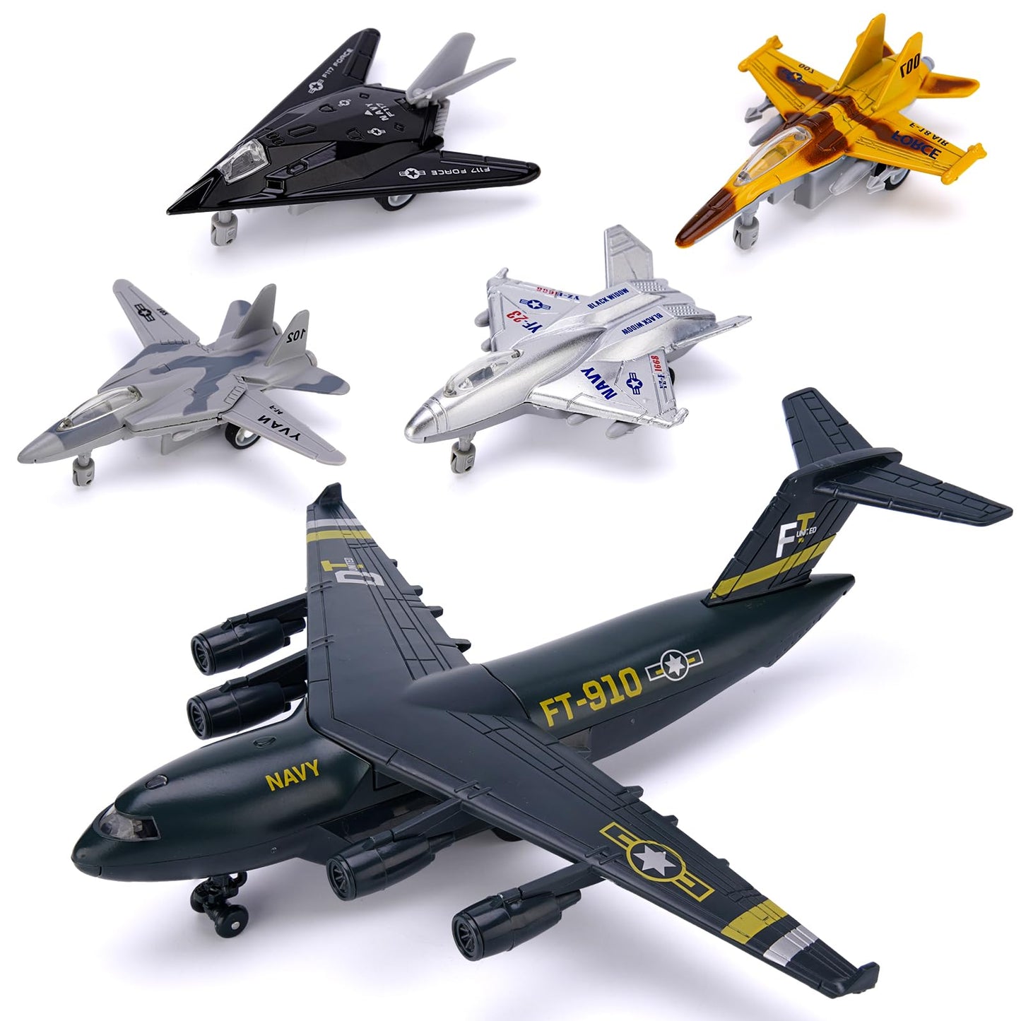 Crelloci 5 Pack Army Navy Airplane Toys Set – Light & Sounds, Pull-Back Die-Cast Jets