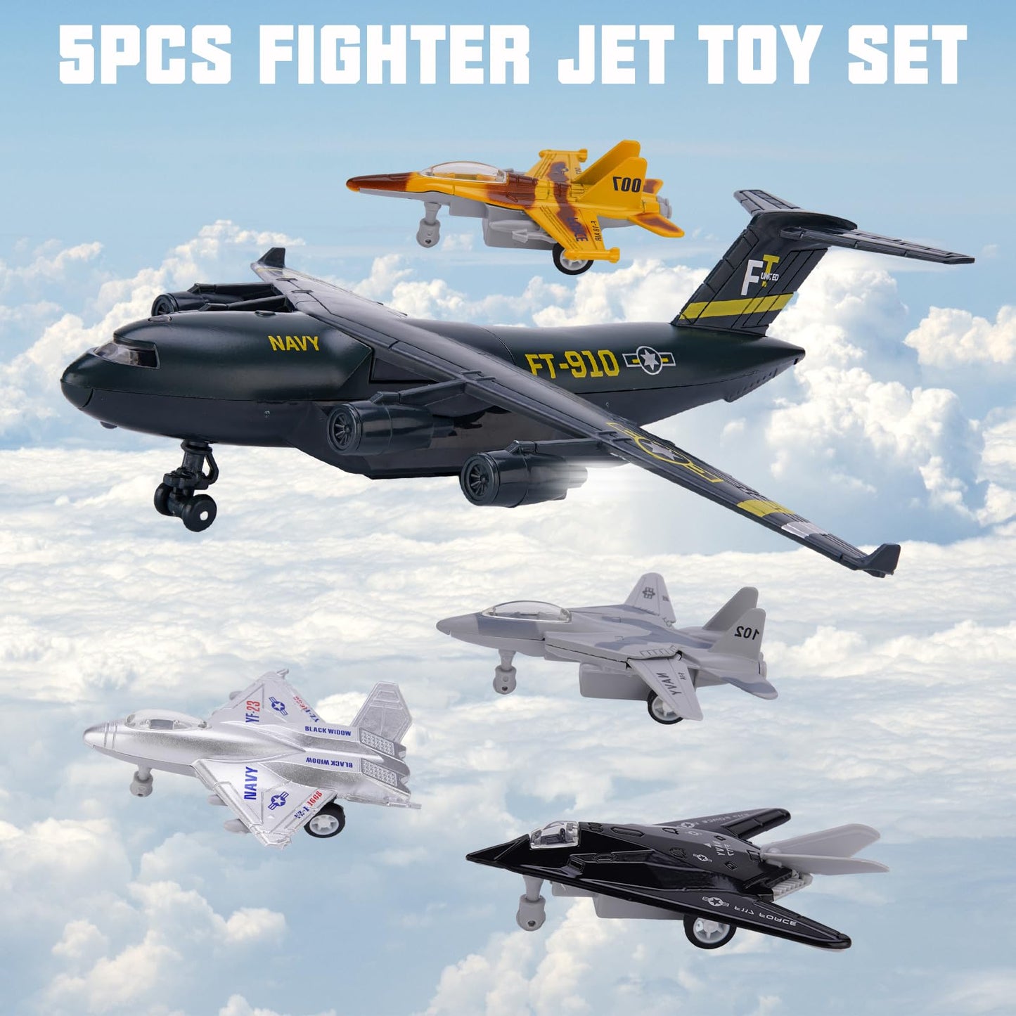 Crelloci 5 Pack Army Navy Airplane Toys Set – Light & Sounds, Pull-Back Die-Cast Jets