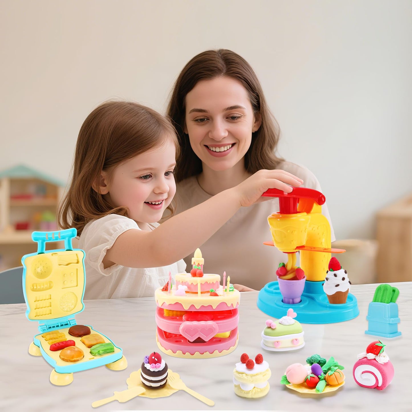 Crelloci 4 in 1 Color Dough Set – Noodle, Cake, Hamburger & Ice Cream Makers for Kids 3+