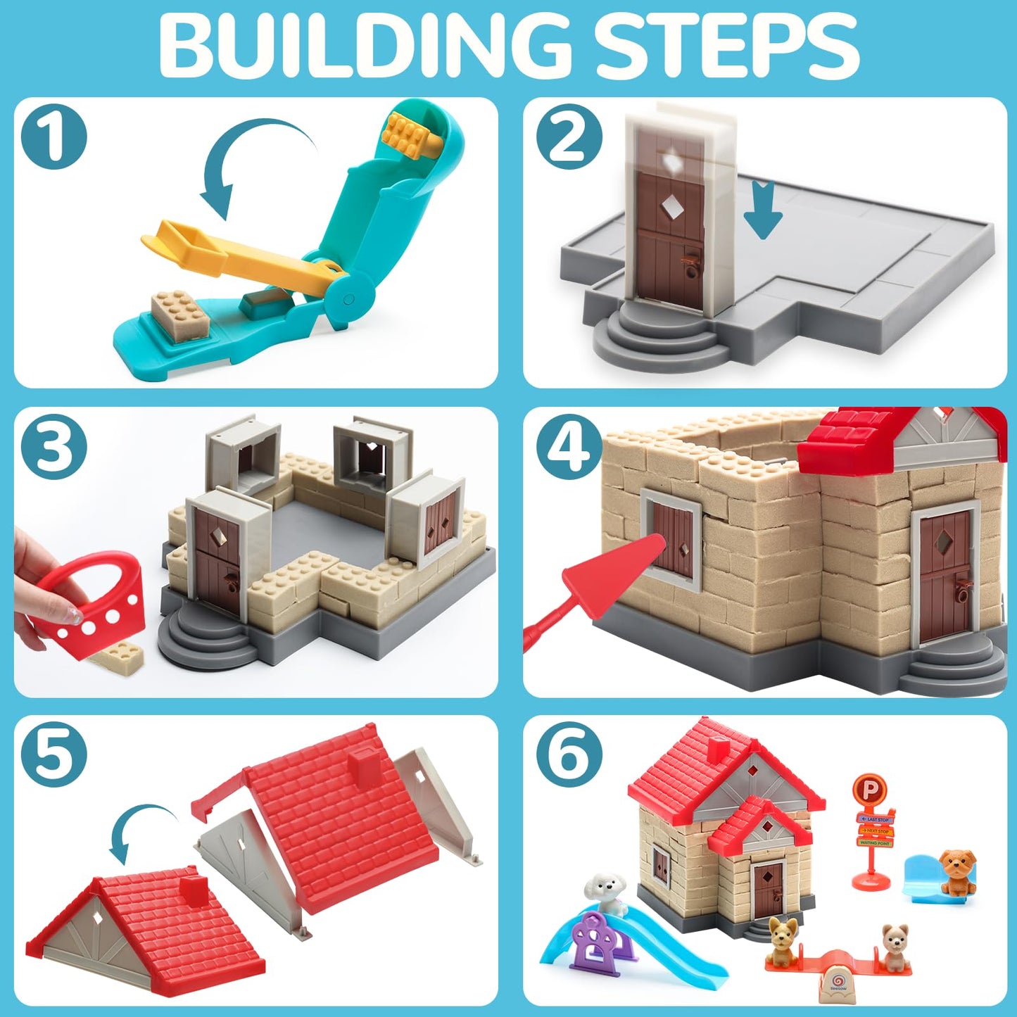 Crelloci House Building Play Sand Toy — Magnetic Sand Set with Tools & Dog Slide for Ages 3-8