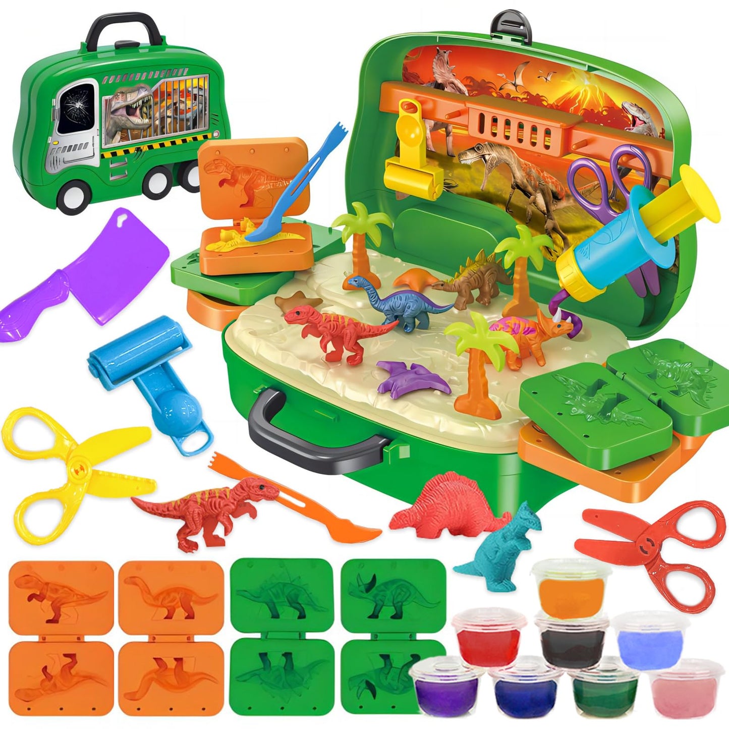 Crelloci Dinosaur Color Dough Set – 26 Pcs Dino World Tools & Portable Case with Wheels