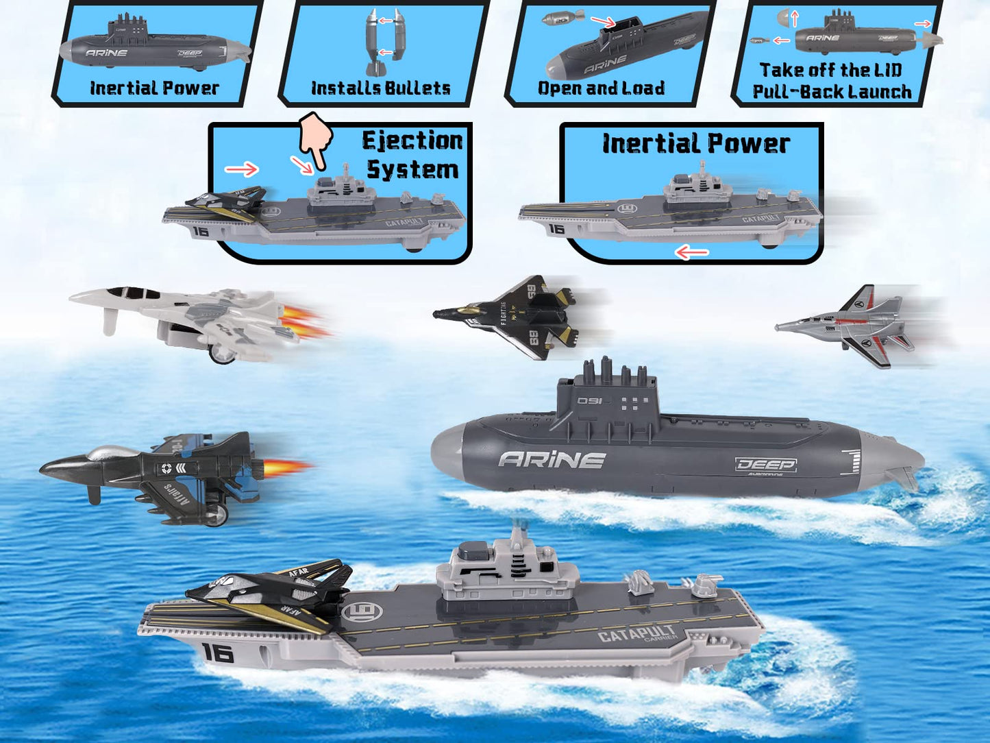 Crelloci Aircraft Carrier Toy Set — Military Naval Playset with Fighters, Submarine & Torpedoes (Age 5+)