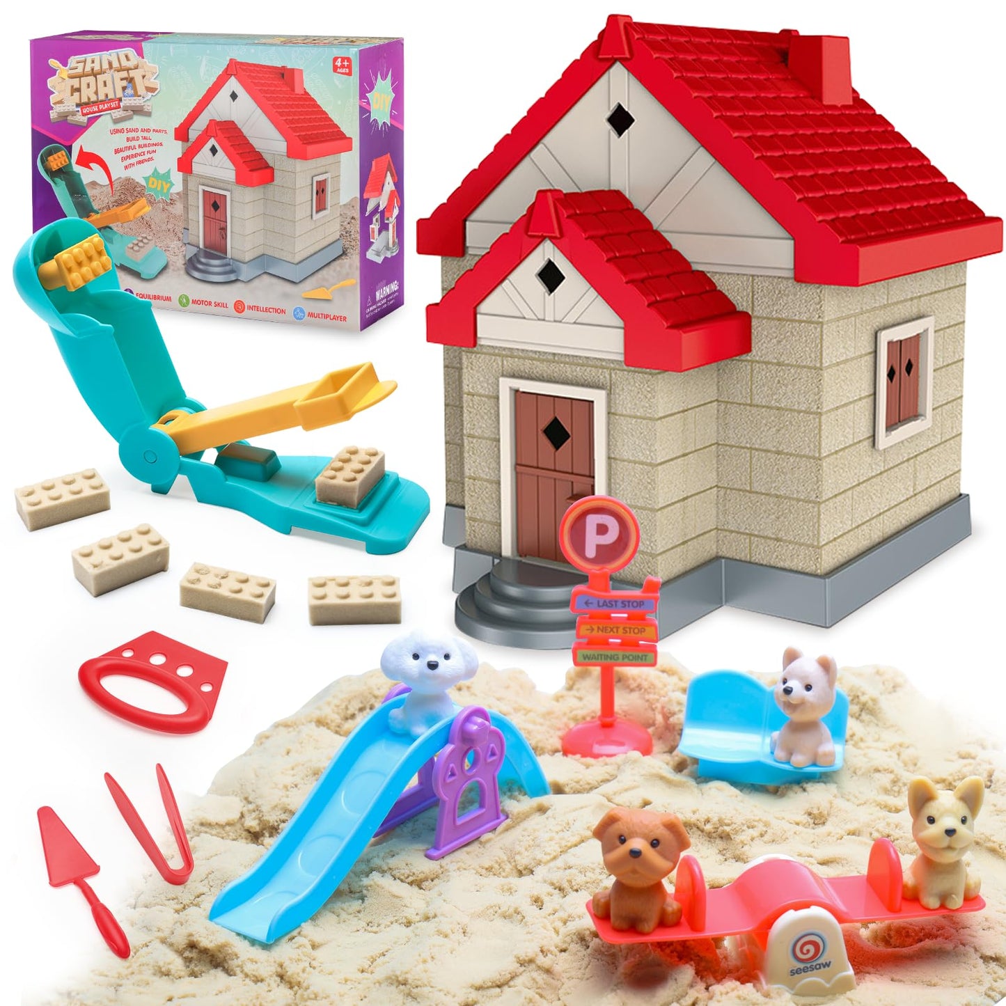 Crelloci House Building Play Sand Toy — Magnetic Sand Set with Tools & Dog Slide for Ages 3-8