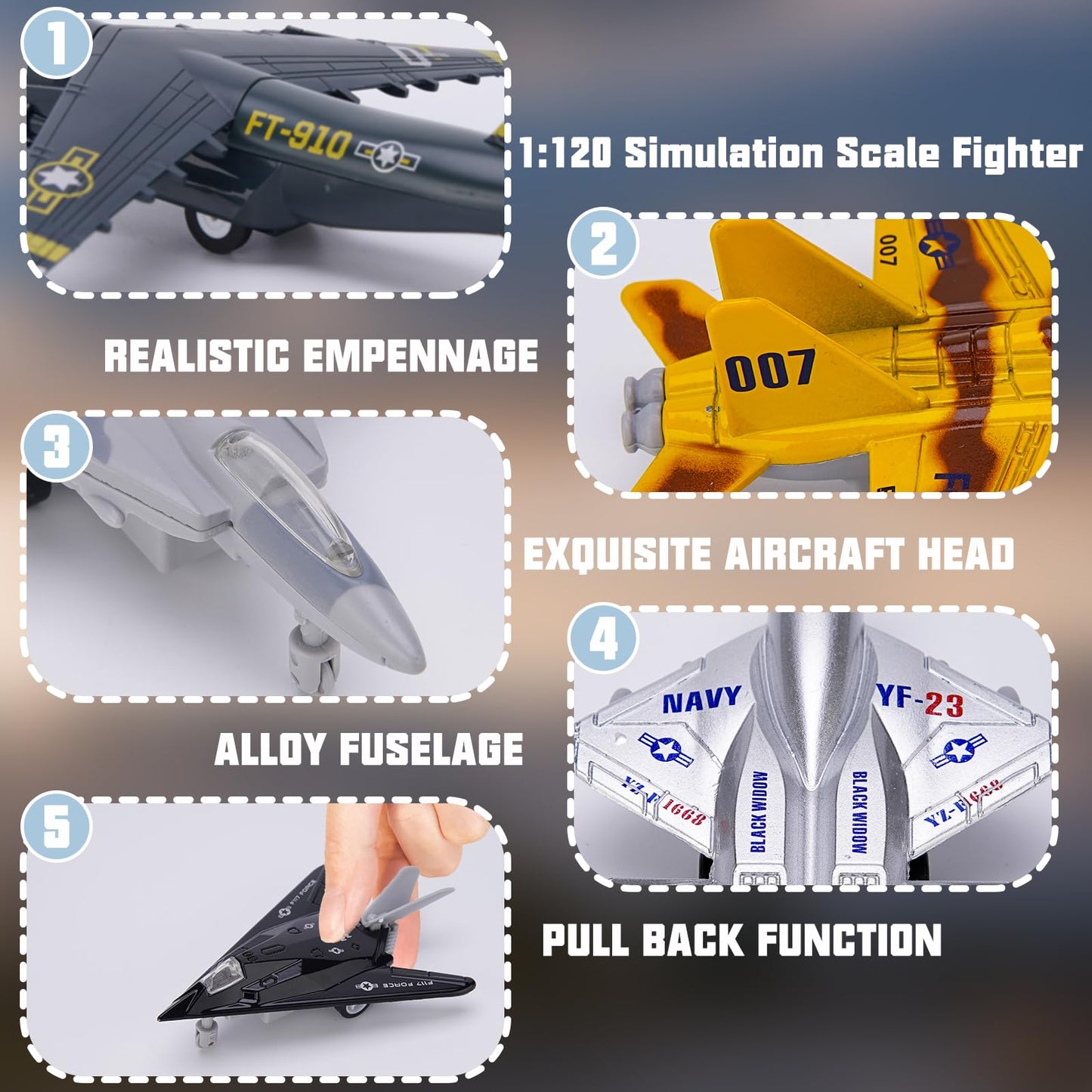 Crelloci 5 Pack Army Navy Airplane Toys Set – Light & Sounds, Pull-Back Die-Cast Jets
