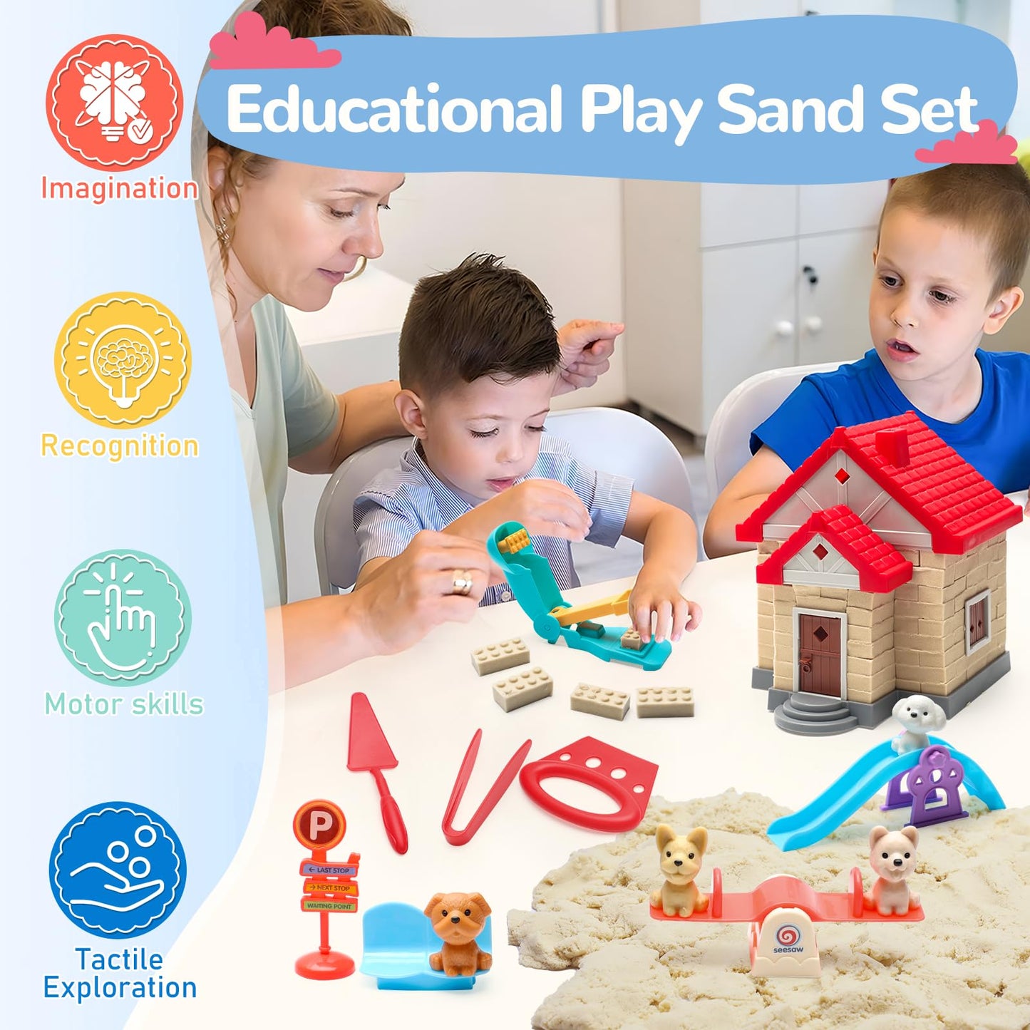 Crelloci House Building Play Sand Toy — Magnetic Sand Set with Tools & Dog Slide for Ages 3-8