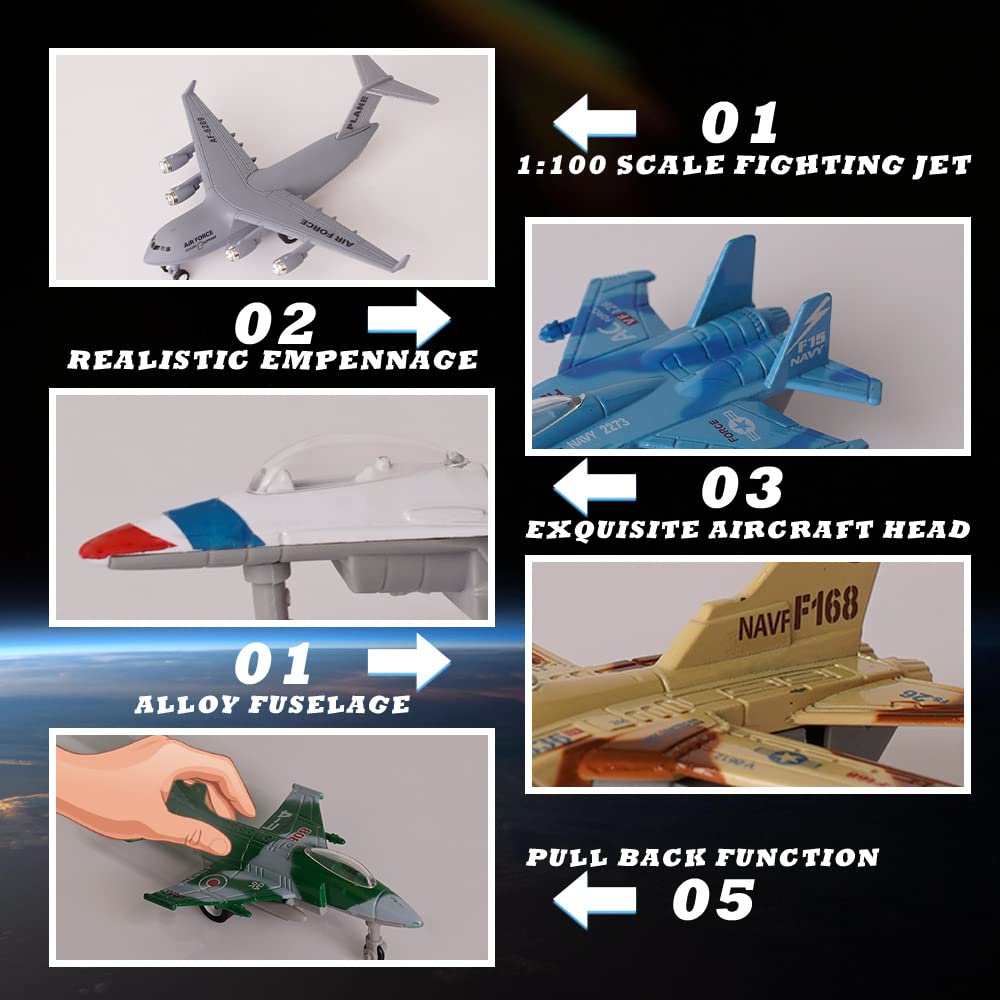 Crelloci 5 Pack Army Airplane Toys Set – Die-Cast Military Jets, Pull-Back Planes for Kids