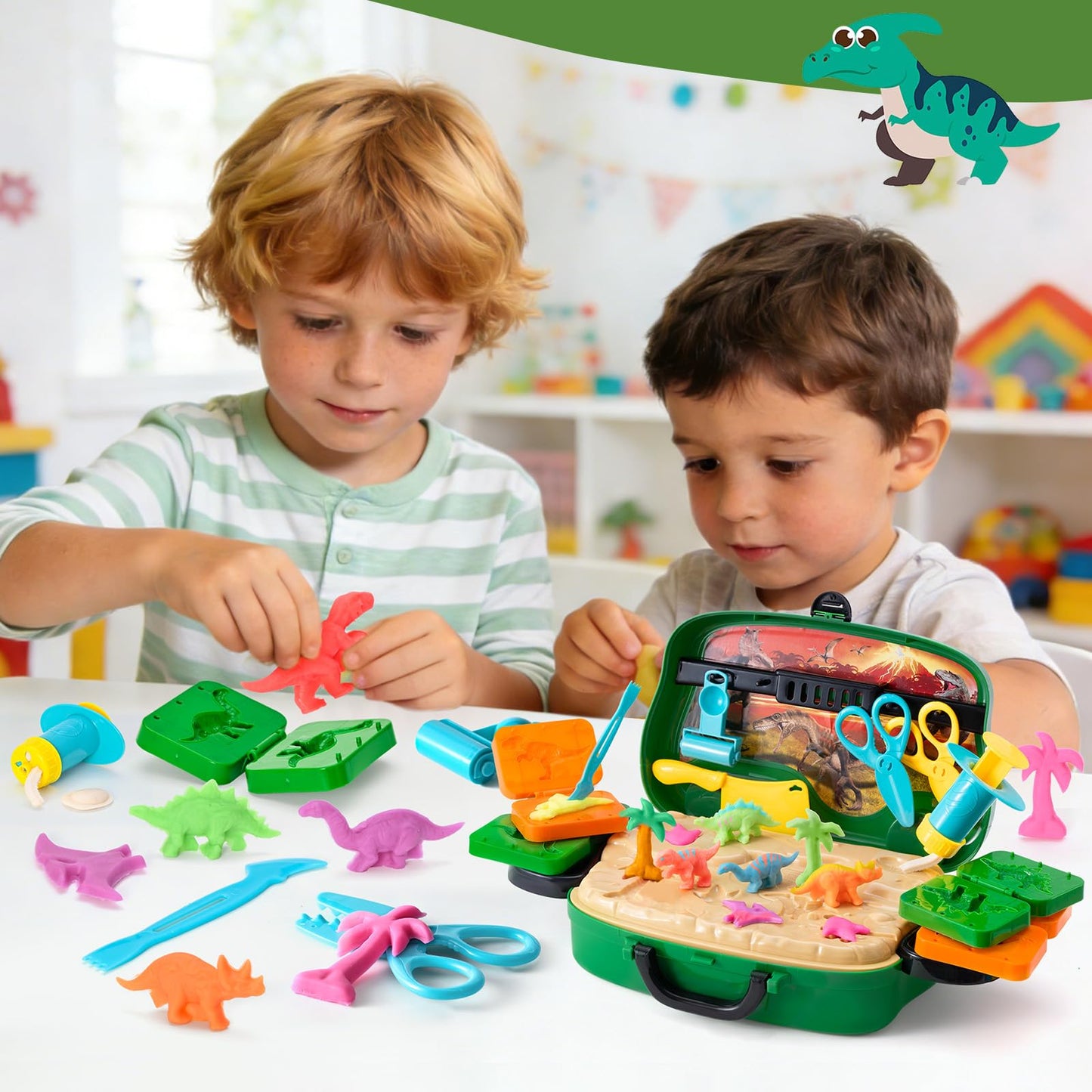 Crelloci Dinosaur Color Dough Set – 26 Pcs Dino World Tools & Portable Case with Wheels