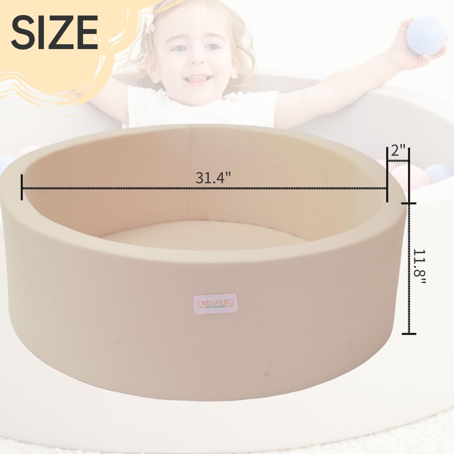 Crenailro Beige Foam Ball Pit for Toddlers — Soft, Durable 35-Inch Playpen (Balls Not Included)