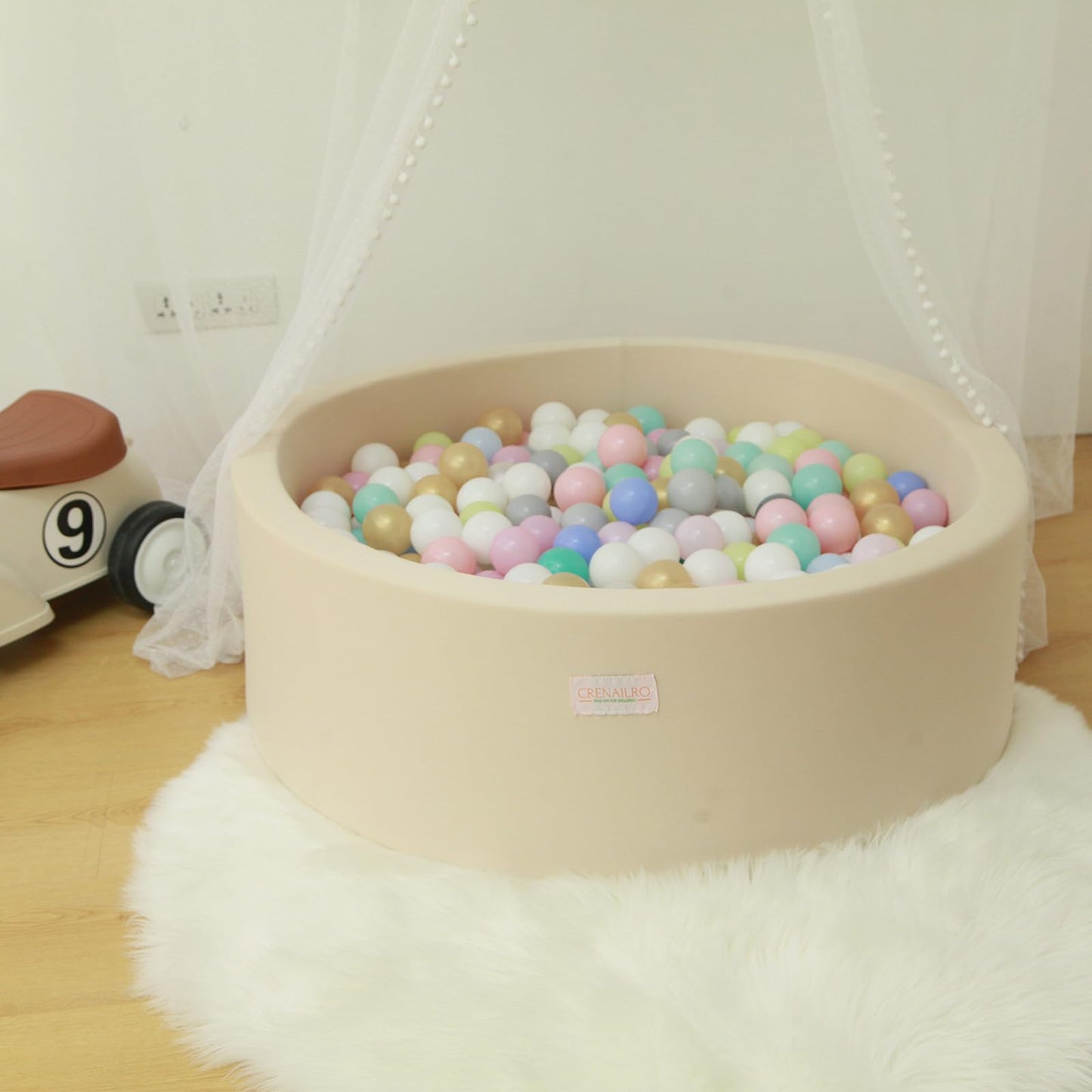 Crenailro Beige Foam Ball Pit for Toddlers — Soft, Durable 35-Inch Playpen (Balls Not Included)
