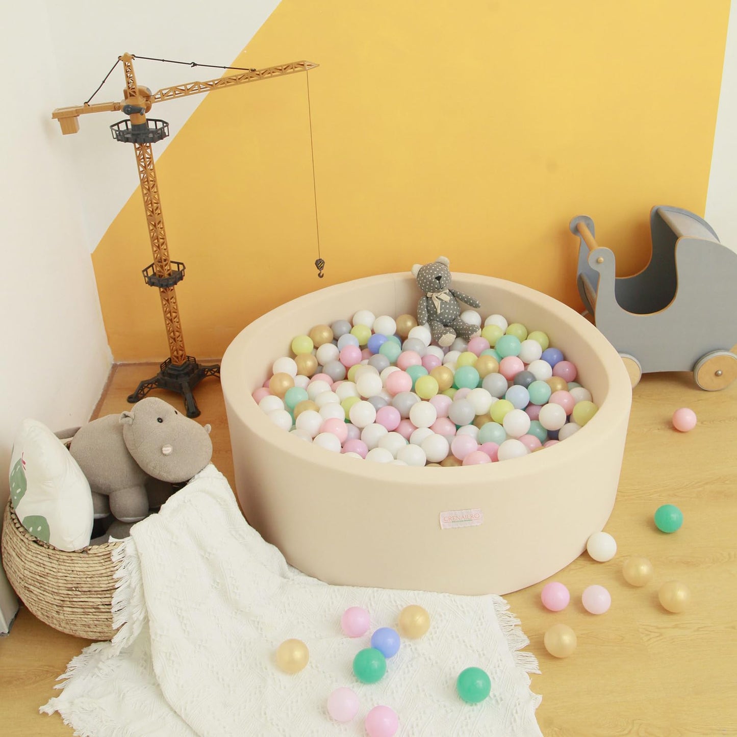 Crenailro Beige Foam Ball Pit for Toddlers — Soft, Durable 35-Inch Playpen (Balls Not Included)