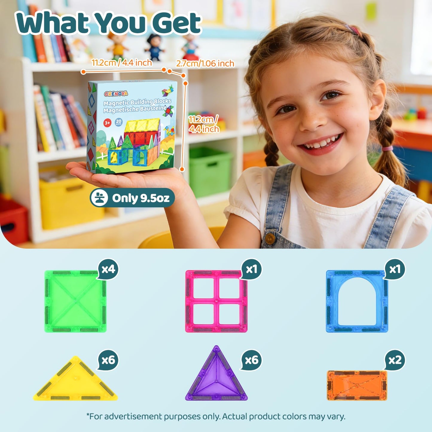 Crenova Mini Magnetic Tiles – Travel-Ready 20-Piece STEM Building Set for Kids 3+
