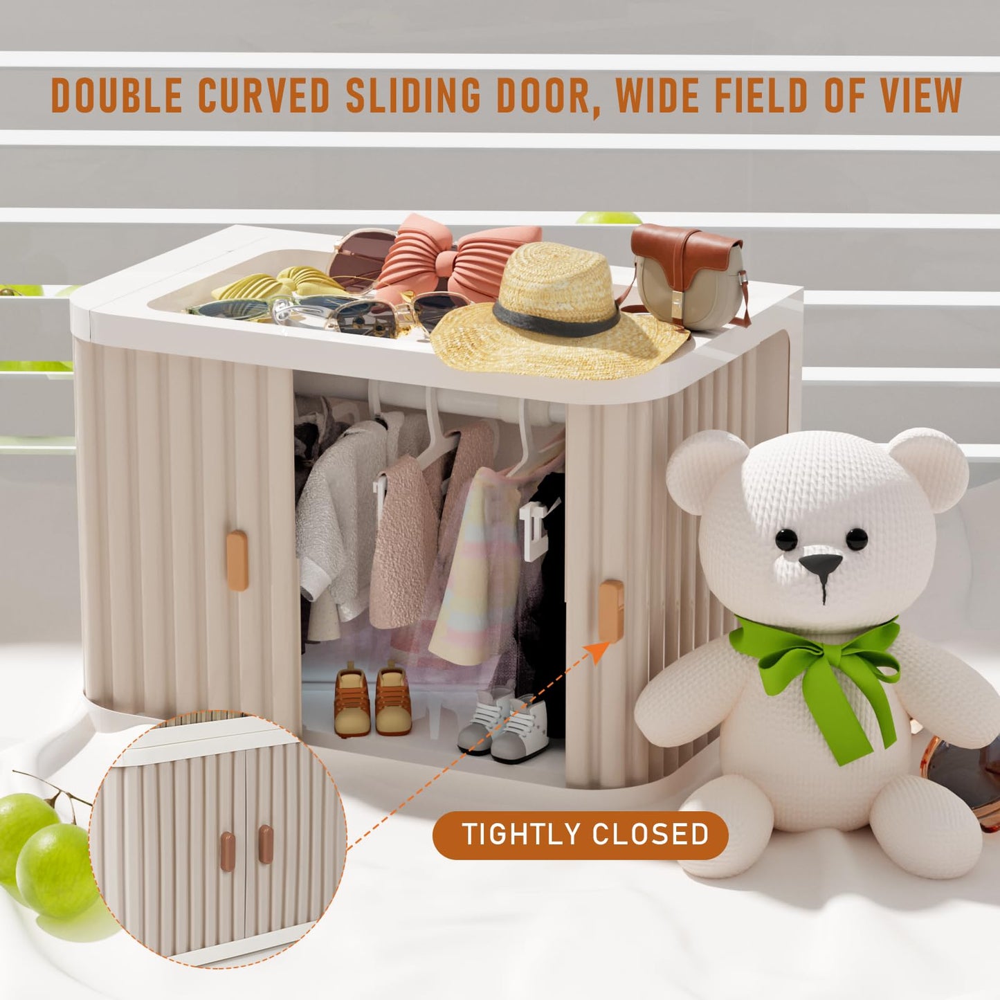 Creproly Doll Wardrobe Storage Box – Foldable Closet with 10 Hangers & Rod (15/17 cm dolls) Pearl Grey