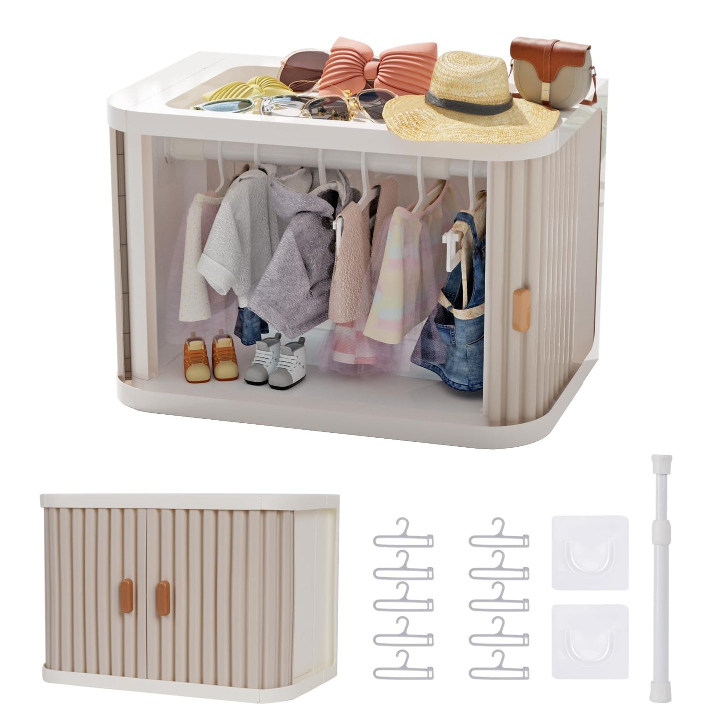 Creproly Doll Wardrobe Storage Box – Foldable Closet with 10 Hangers & Rod (15/17 cm dolls) Pearl Grey