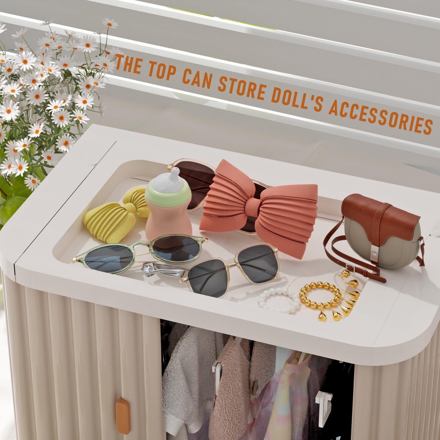 Creproly Doll Wardrobe Storage Box – Foldable Closet with 10 Hangers & Rod (15/17 cm dolls) Pearl Grey