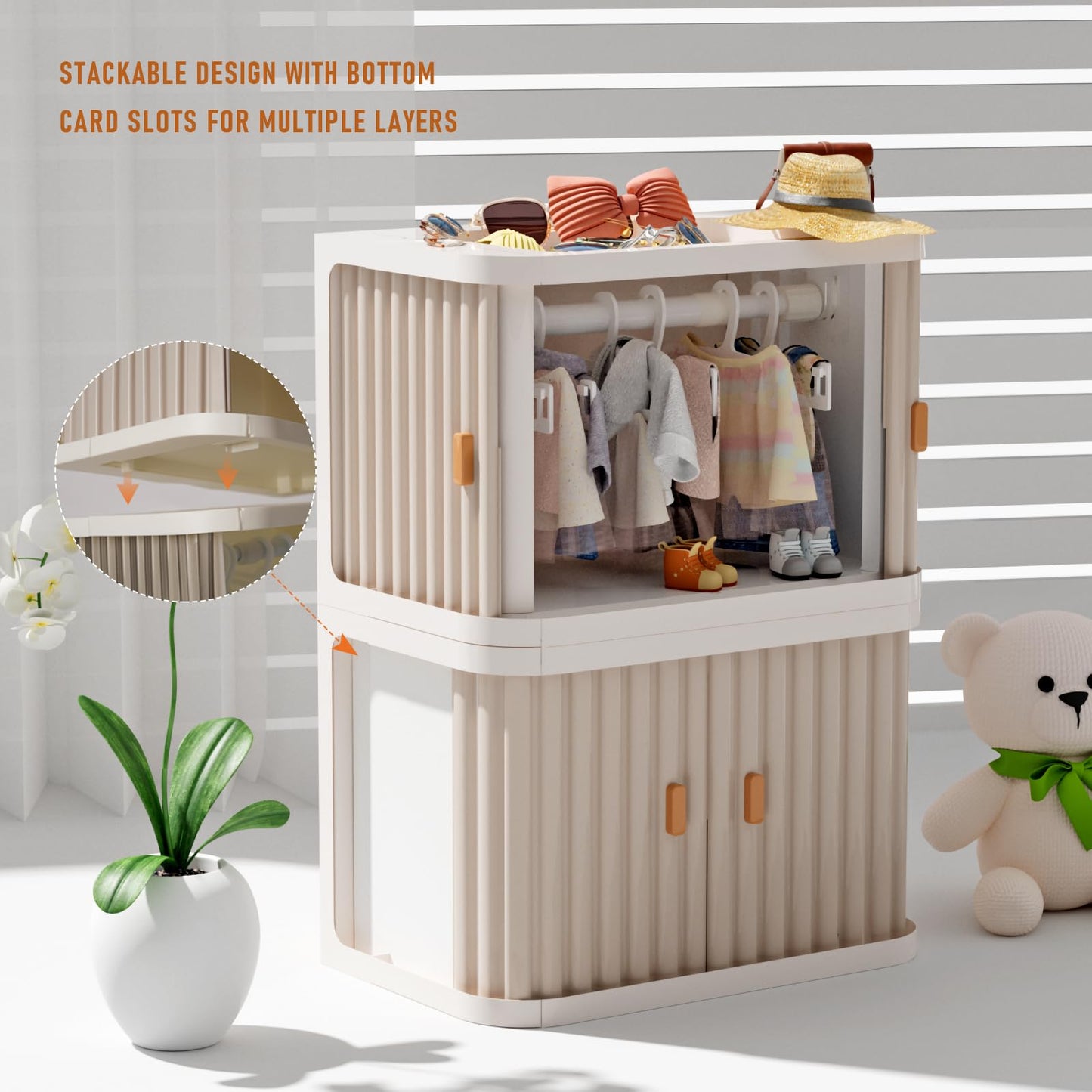 Creproly Doll Wardrobe Storage Box – Foldable Closet with 10 Hangers & Rod (15/17 cm dolls) Pearl Grey