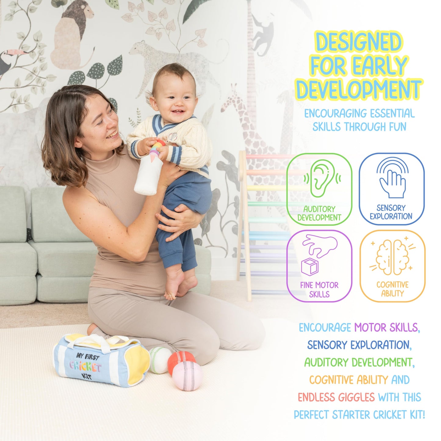 CRICBABY My First Cricket Kit — Soft Cotton Plush Toy with 3 Sensory Balls & Rainbow Bat | Gift for 0+ Months