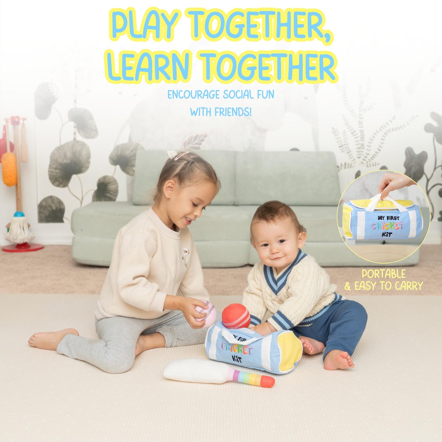 CRICBABY My First Cricket Kit — Soft Cotton Plush Toy with 3 Sensory Balls & Rainbow Bat | Gift for 0+ Months