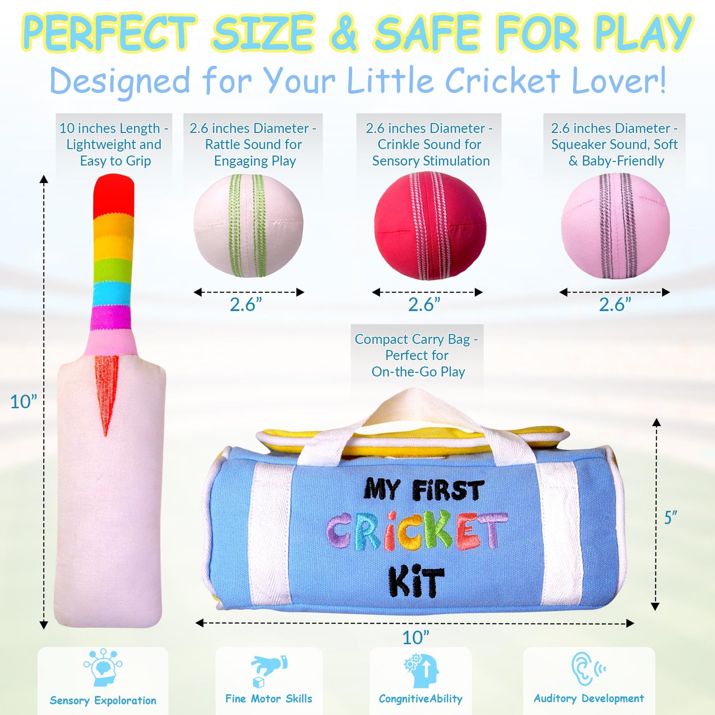 CRICBABY My First Cricket Kit — Soft Cotton Plush Toy with 3 Sensory Balls & Rainbow Bat | Gift for 0+ Months