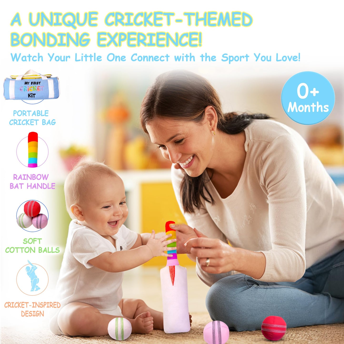 CRICBABY My First Cricket Kit — Soft Cotton Plush Toy with 3 Sensory Balls & Rainbow Bat | Gift for 0+ Months