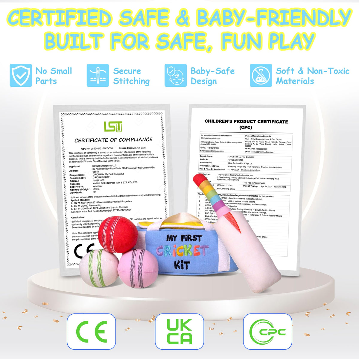 CRICBABY My First Cricket Kit — Soft Cotton Plush Toy with 3 Sensory Balls & Rainbow Bat | Gift for 0+ Months