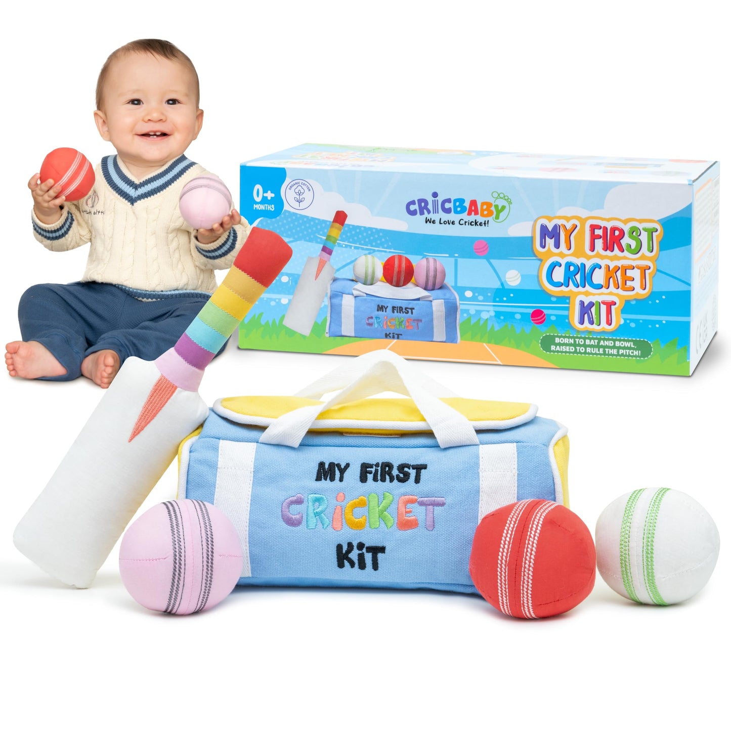 CRICBABY My First Cricket Kit — Soft Cotton Plush Toy with 3 Sensory Balls & Rainbow Bat | Gift for 0+ Months