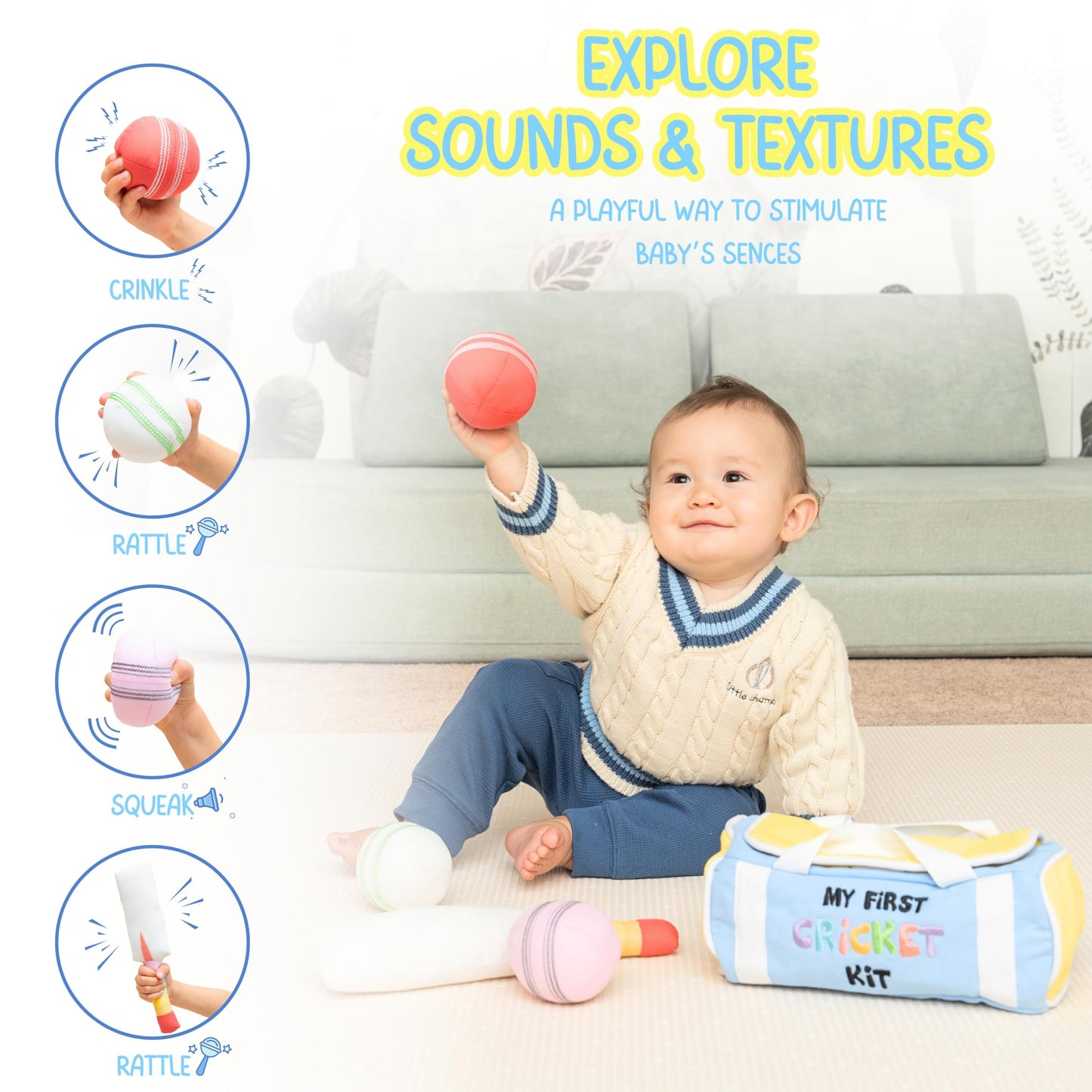 CRICBABY My First Cricket Kit — Soft Cotton Plush Toy with 3 Sensory Balls & Rainbow Bat | Gift for 0+ Months
