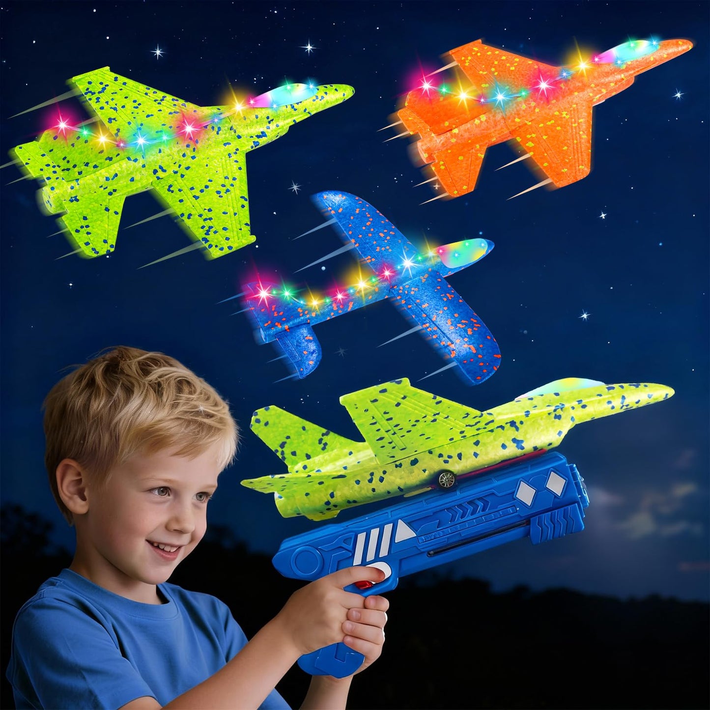 CRILARY 3 Pack LED Foam Airplane Launcher Toys - 13.2-inch F-15 Eagle & Glider Catapult Planes