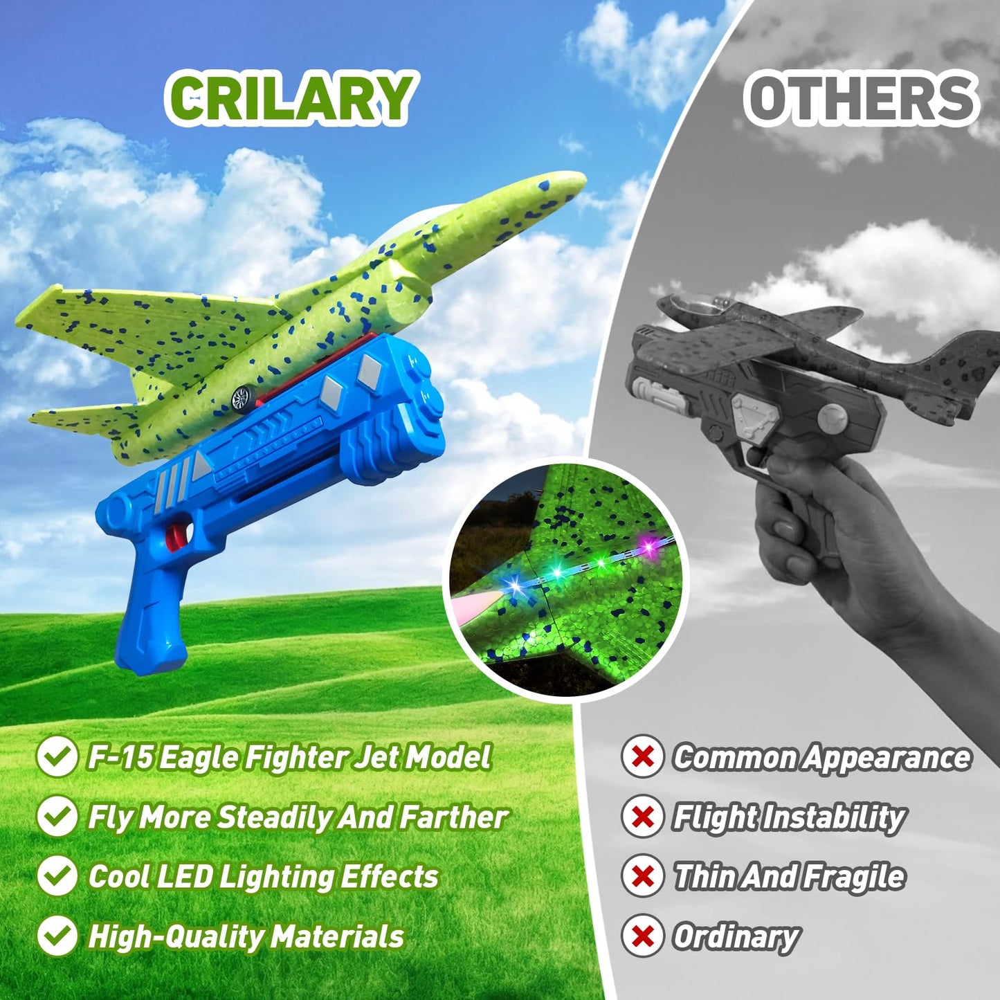 CRILARY 3 Pack LED Foam Airplane Launcher Toys - 13.2-inch F-15 Eagle & Glider Catapult Planes