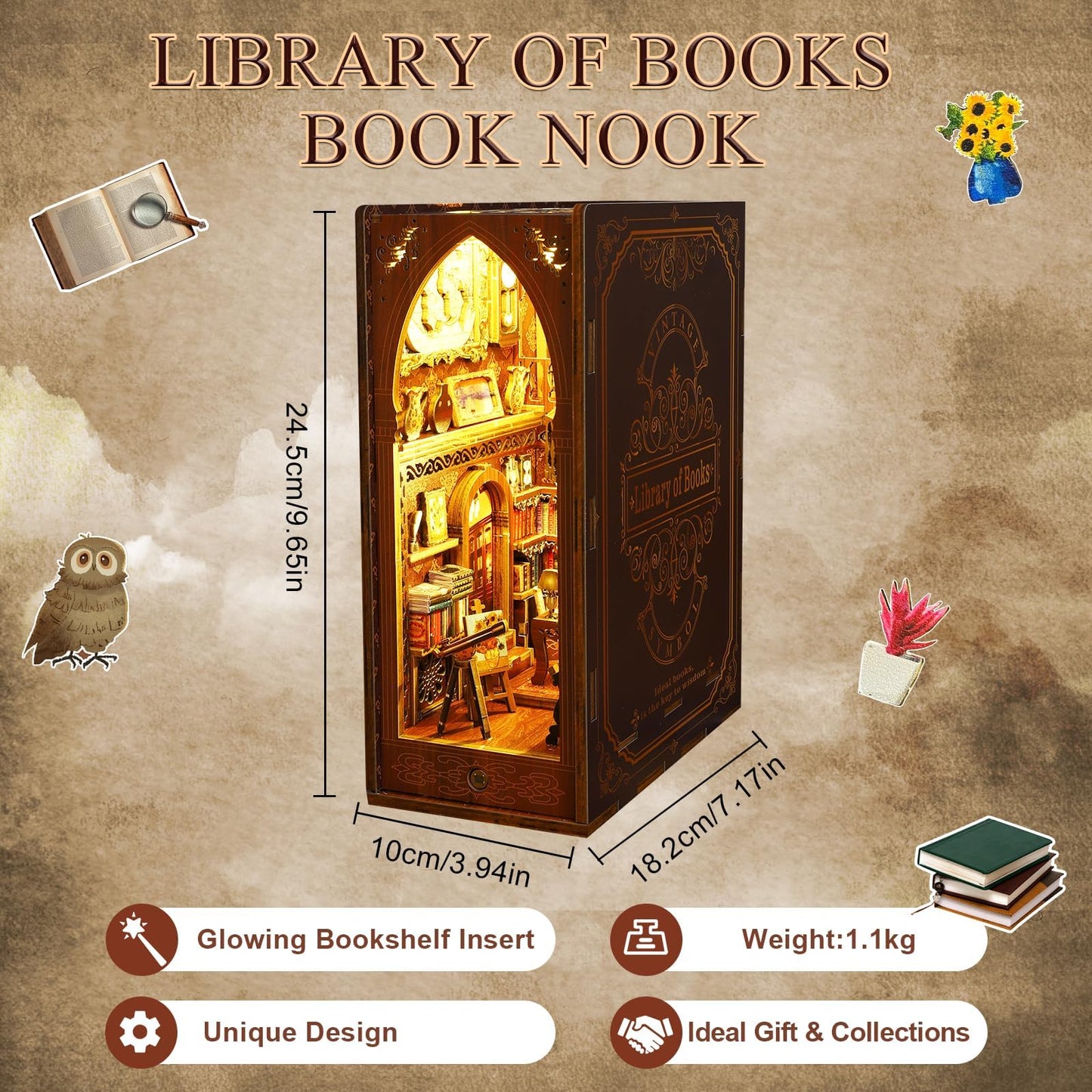 CRIOLPO Book Nook Kit – DIY Doll House Bookends with Sensor LED Light