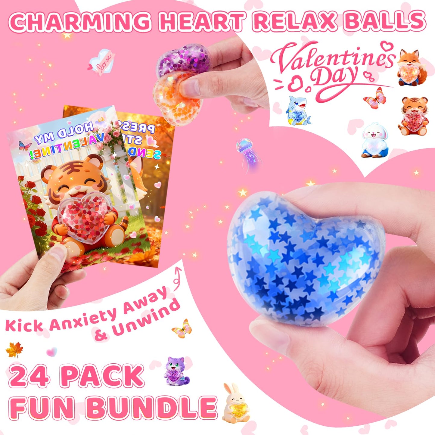 CRIOLPO Valentines Day Cards for Kids with Heart Stress Balls — Classroom Gift Set (24 Pack)