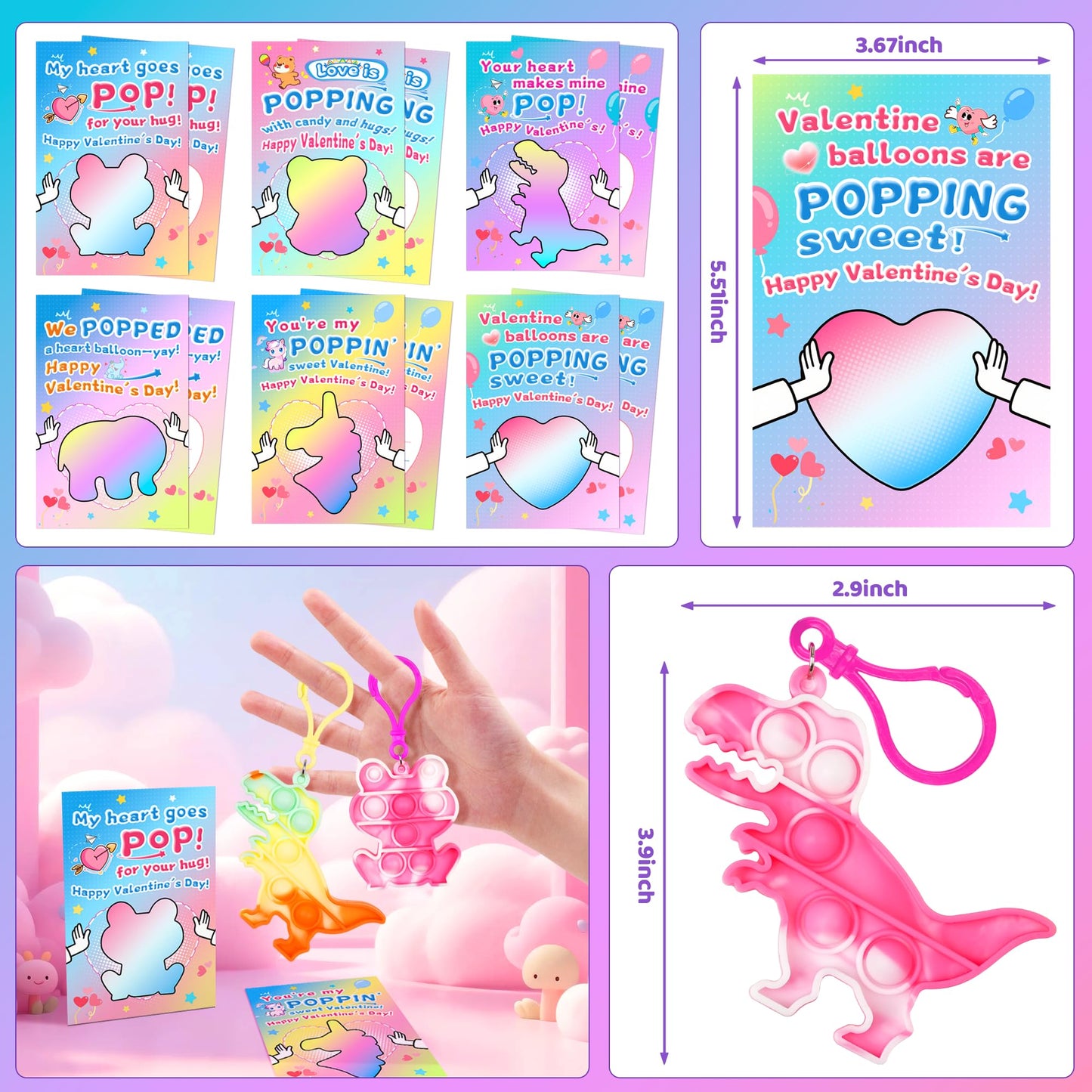 CRIOLPO Valentines Day Gifts for Kids – 24 Heart Pop Fidget Keychains & Cards