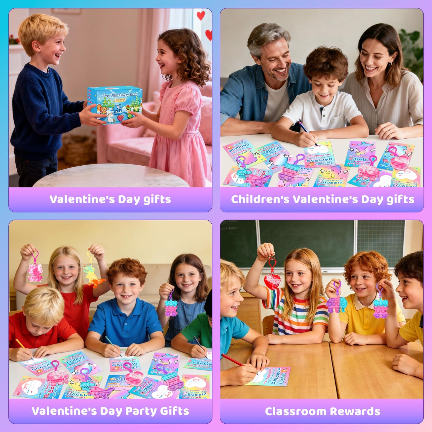 CRIOLPO Valentines Day Gifts for Kids – 24 Heart Pop Fidget Keychains & Cards
