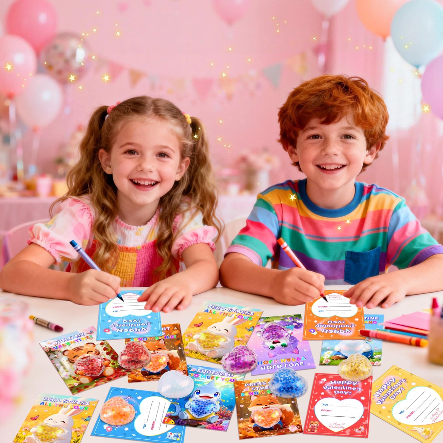 CRIOLPO Valentines Day Cards for Kids with Heart Stress Balls — Classroom Gift Set (24 Pack)