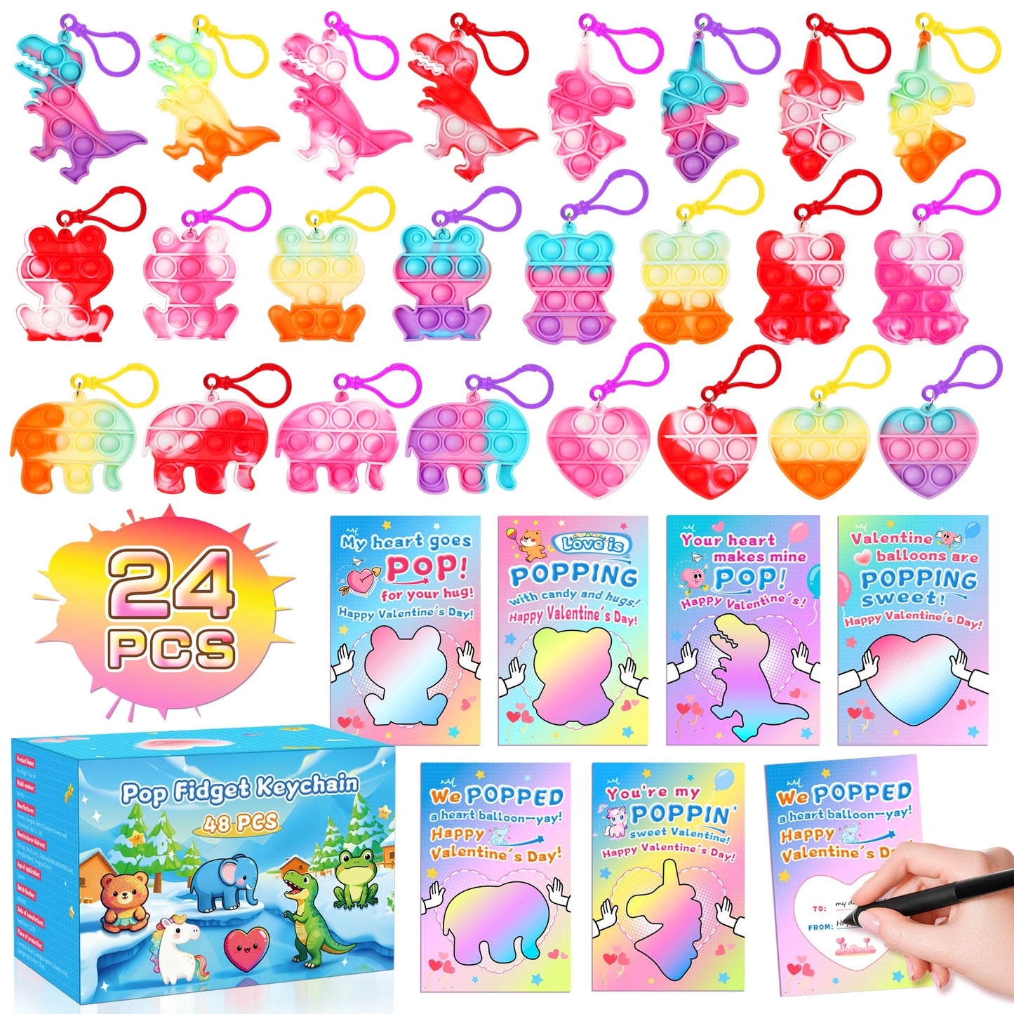 CRIOLPO Valentines Day Gifts for Kids – 24 Heart Pop Fidget Keychains & Cards