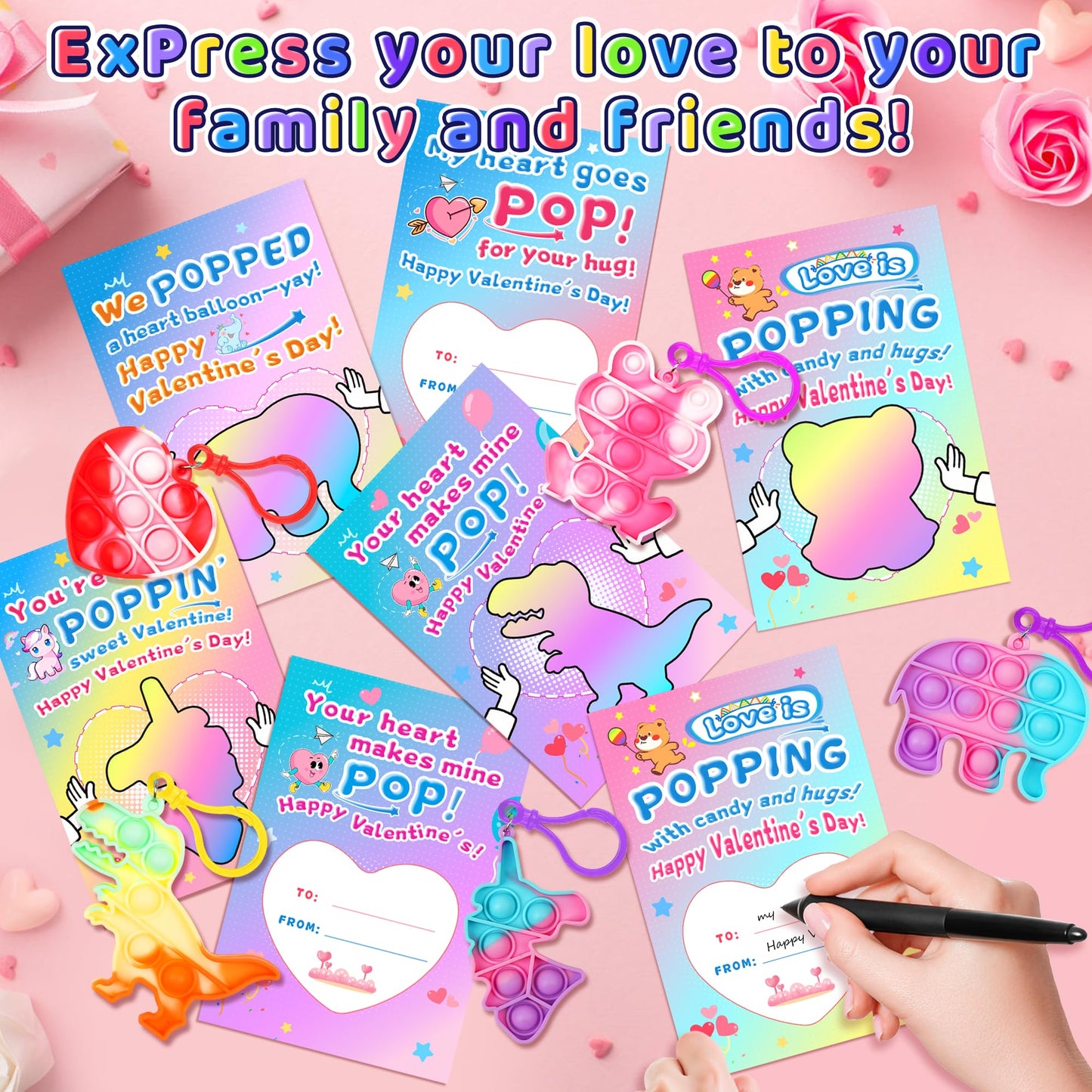 CRIOLPO Valentines Day Gifts for Kids – 24 Heart Pop Fidget Keychains & Cards