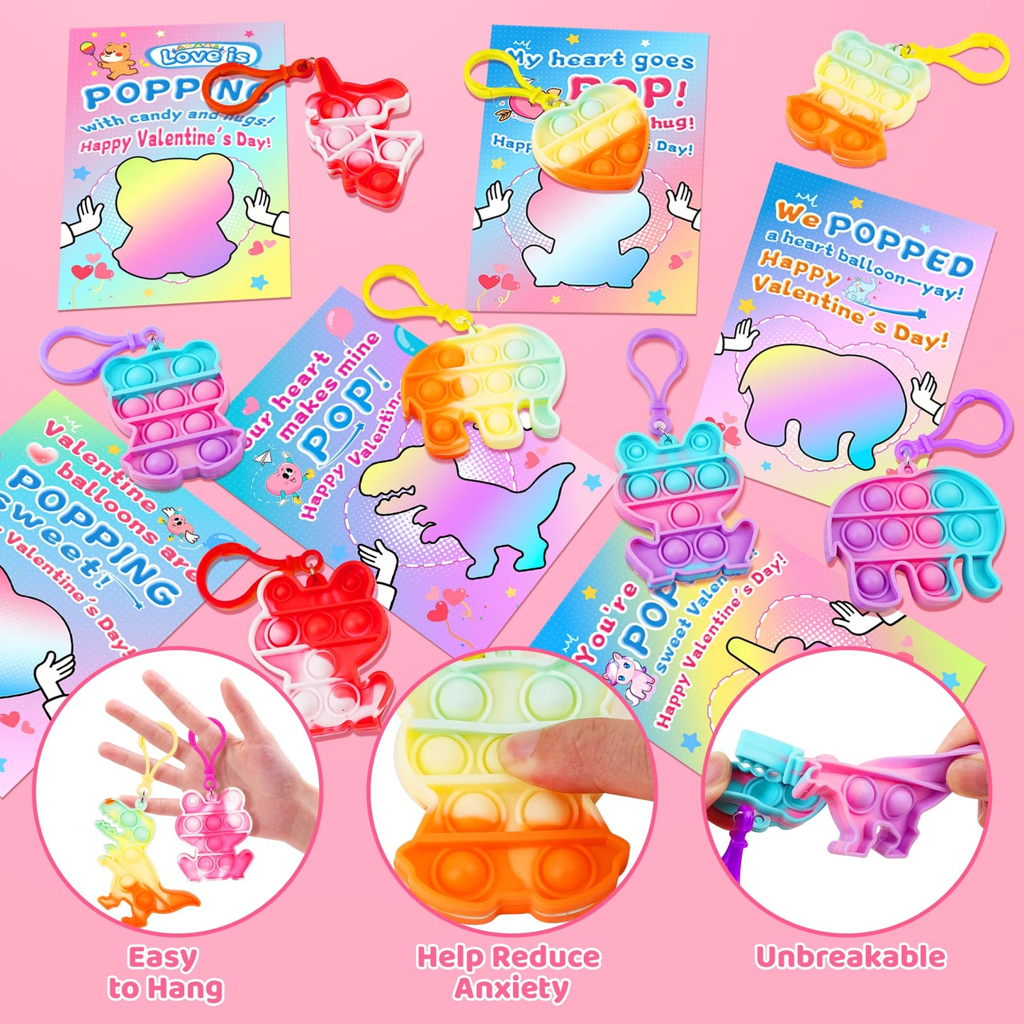 CRIOLPO Valentines Day Gifts for Kids – 24 Heart Pop Fidget Keychains & Cards